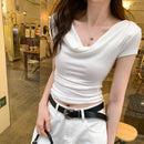 New Sexy Sheathy V-neck Short Sleeve T-shirts Women 2024 Summer Fashion Slim Cropped Tops Woman Solid Casual Tees Tops