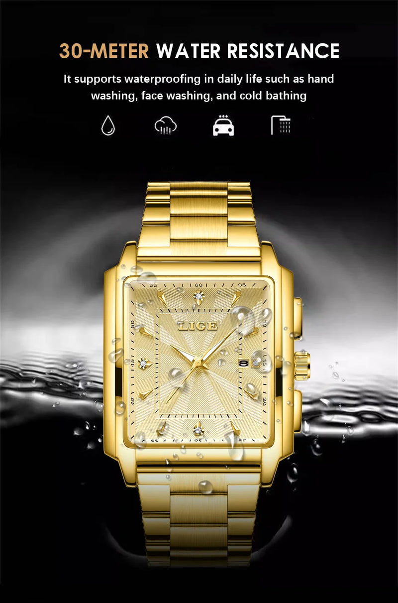 LIGE Gold Stainless Steel Men Watches Quartz Waterproof Luminous Male Clock Business Sport Mens Watch Luxury Calendar Man Watch