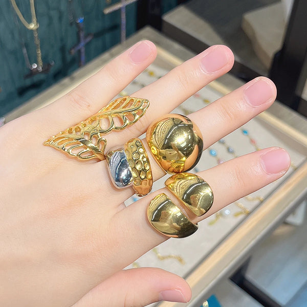 New Irregular Stainless Steel Chunky Dome Ring for Women Men Statement Croissant Ring Wide Double Layer Rings Party Jewelry Gift