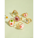 Light Cozy 18k Gold Plated Minimalist White Drip Oil Dried Flower Open End Ring Women Stainless Steel Statement Jewelry