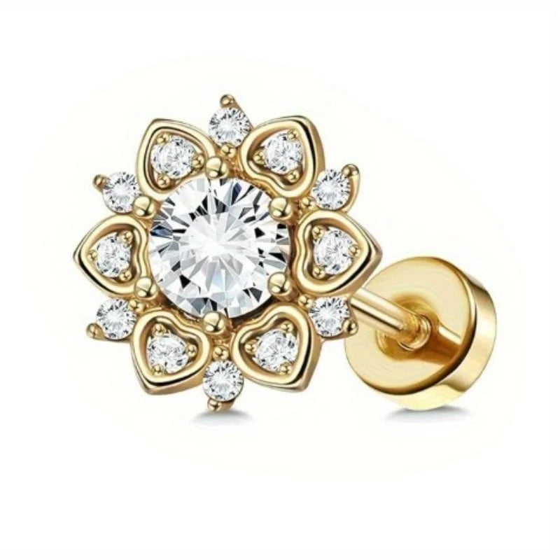 Drperfect 1 PC Earrings Stylish Safe Internally Threaded CZ Jewelry for Women and Men - Moon Heart-Shaped Bee Butterfly Designs