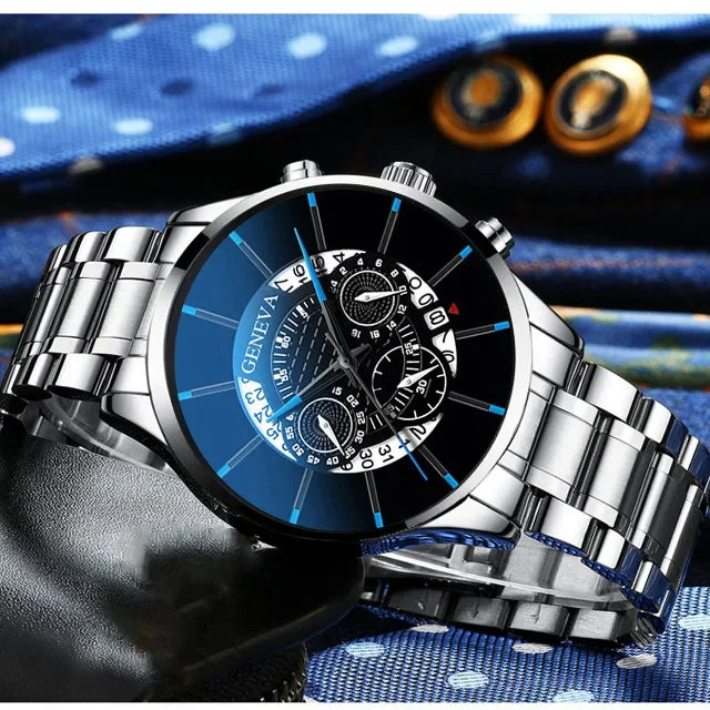 Luxury Hollow Out Men's Watches Fashion Business Calendar Blue Stainless Steel Mesh Belt Analog Quartz Watch Relogio Masculino