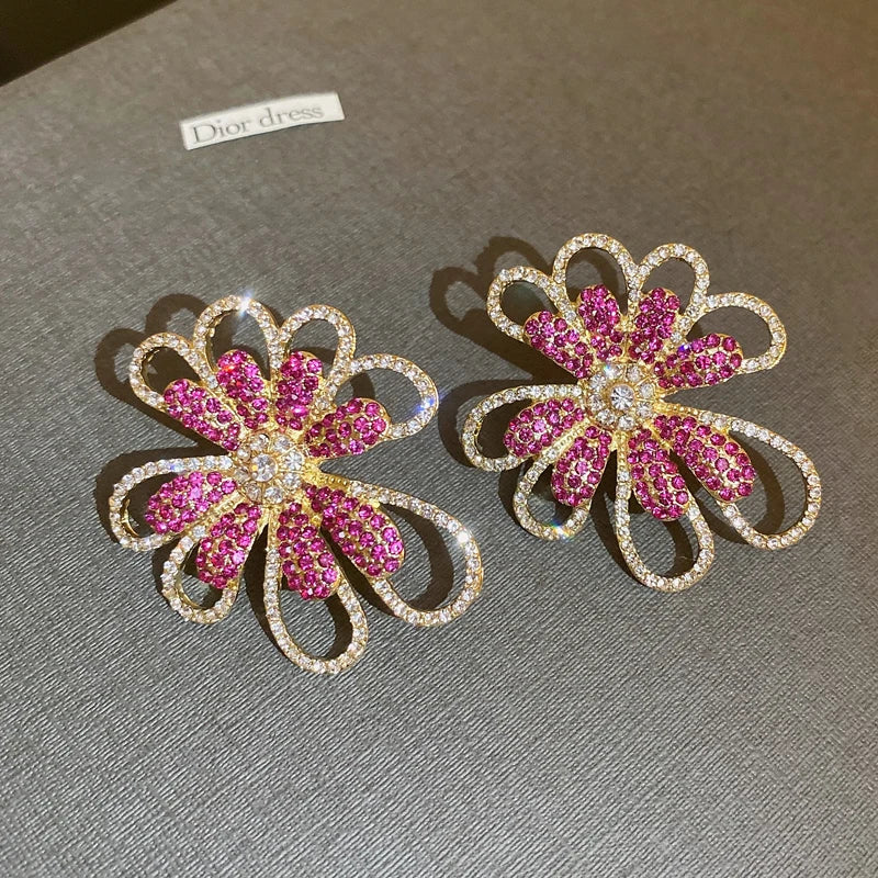 Exaggerated Luxury Crystal Flower Stud Earrings Women's Temperament Elegant Fashion Design Wedding Party Jewelry Valentine Gifts