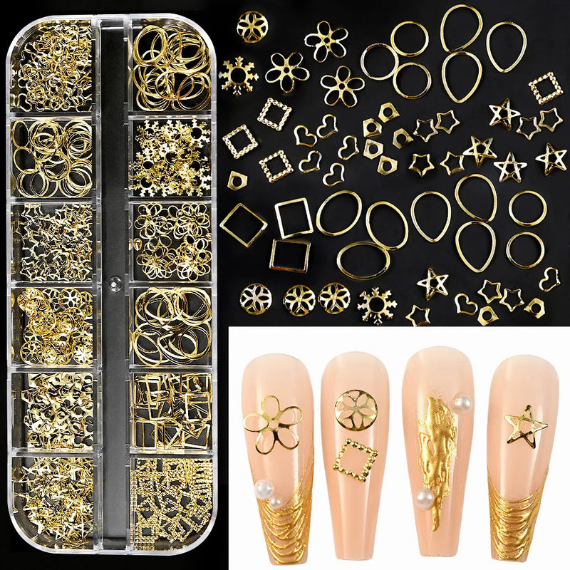 1000Pcs Gold Star Moon Glitter Nail Charms Metal Tips Slice Rivet DIY 3D FlatBack Nail Art Decorations Nails Jewelry Accessories