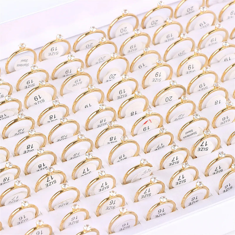 10Pcs/Lot Fashion Classic Rhinestone Stainless Steel Rings For Women Simple Shiny Colorful Finger Jewelry Wedding Party Gifts