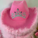 Women's Pink West Cowgirl Hat Girls Tiara Feather Felt Western Sequin Cowboy Cap Costume Party Dress Jazz Caps Cosplay Props