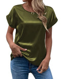 Spring and Summer New Women's Short Sleeve Satin Shirt Loose Casual Round Neck Colored Ding T-shirt Women
