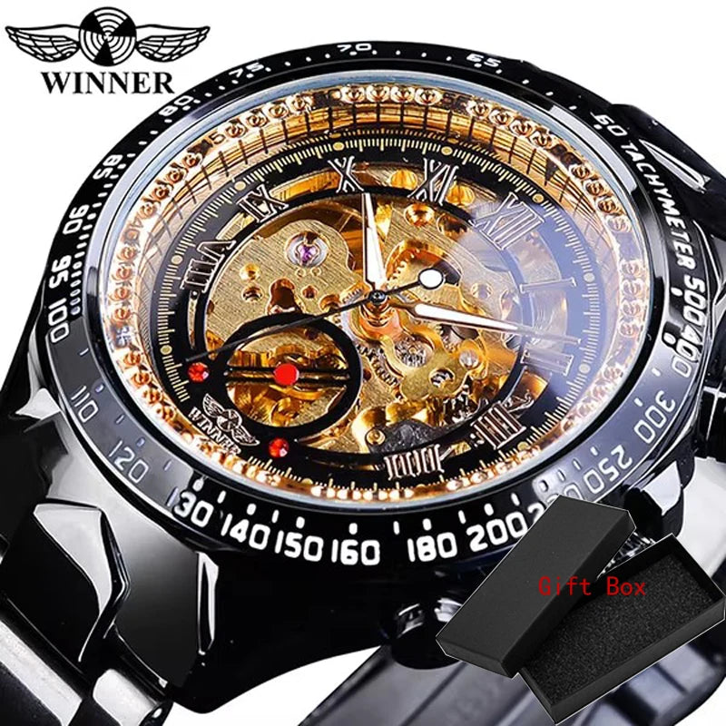 Winner Classic Series Golden Movement Steel Mens Skeleton Man Wrist Watch Mechanical Top Brand Luxury Fashion Automatic Watches