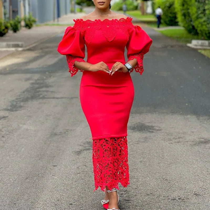 Dashiki African Women Gown Hollow Out Party Dress Sexy Long Sleeve Round Neck Ladies Elegant Solid Pullover High Waist 2024