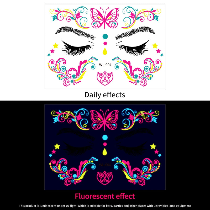 1Pc UV Neon Butterfly Flower Face Tattoo Stickers 14*15cm Waterproof Fluorescent Body Sticker for Club Party Makeup Face Sticker