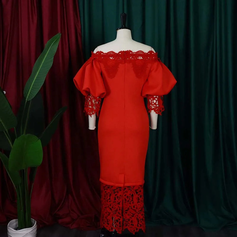 Dashiki African Women Gown Hollow Out Party Dress Sexy Long Sleeve Round Neck Ladies Elegant Solid Pullover High Waist 2024