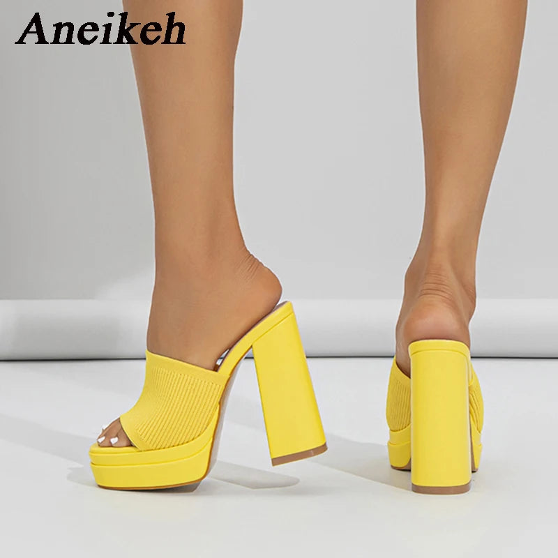 Aneikeh Sexy Knitted Woolen Chunky Platform Sandal Heels Women's Peep Toe High Heel Summer Nude Party Dress Mules Sandals Shoes