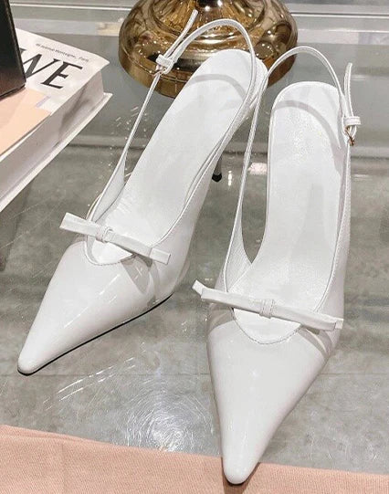 صندل نسائي بكعب عالٍ ومشبك من خط واحد وكعب رفيع بتصميم صيفي جديد مع ربطة عنق على شكل فيونكة وجزء علوي من الجلد اللامع