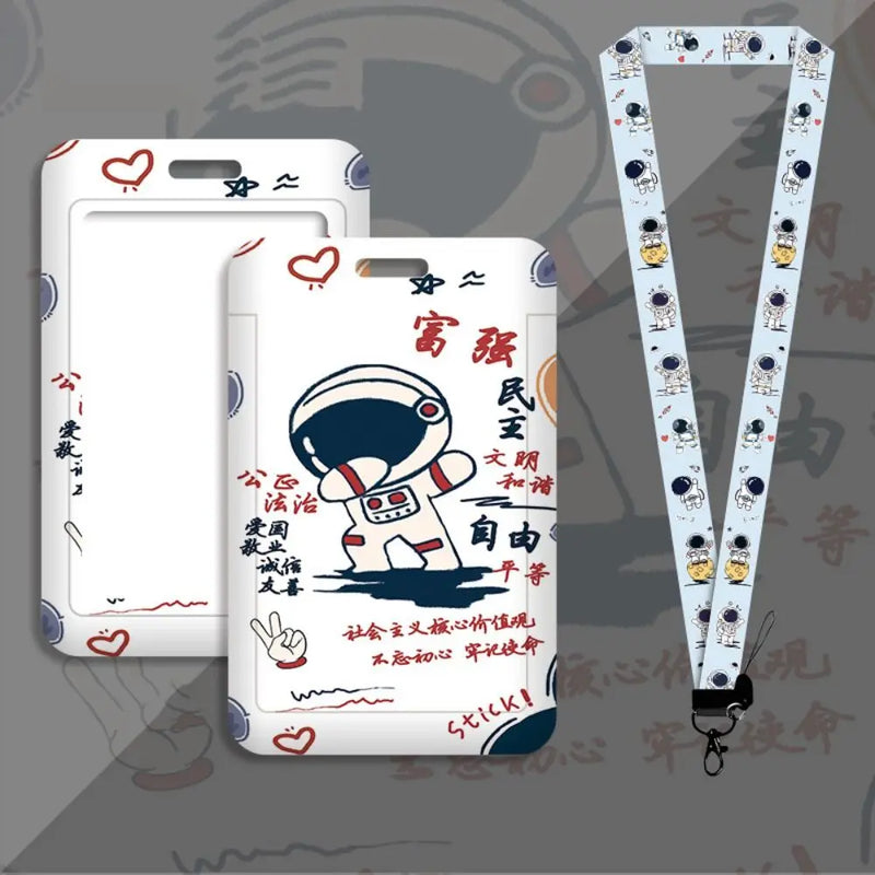Cartoon Astronaut Card Holder Business Card Holder Cute Credit Card Holders with Lanyard ID Holders Badge Bus Card Cover Case