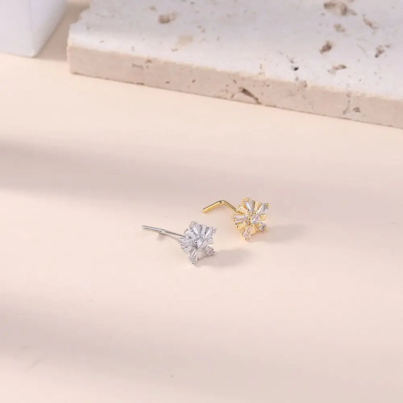 20G L Shaped Nose Studs CZ Cute Snowflake Shape Design Gold Silver Color Nose Piercing for Women Girl Nostril Jewelry