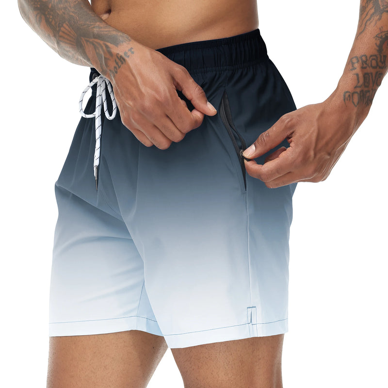 Men's Swim Trunks Gradient Swimming Shorts Quick Dry Beach Shorts with Zipper Pockets and Mesh Lining Fashion Swimsuit for Men