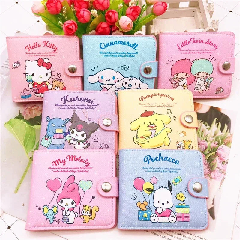 Women Anime Hello Kitty Small Short Wallet for Girls Pink Bag Kuromi Cinnamoroll Kawaii Coin Purse with Buttons Folding Wallets