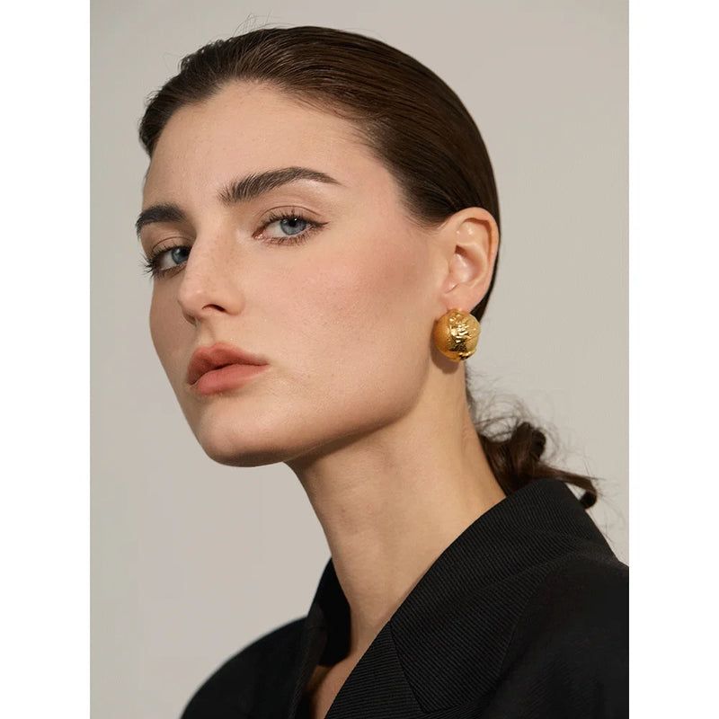 Yhpup Fashion Stainless Steel Half Round Hollow Stud Earrings Waterproof 18K PVD Plated Personalized Vintage Jewelry Bijoux Gift