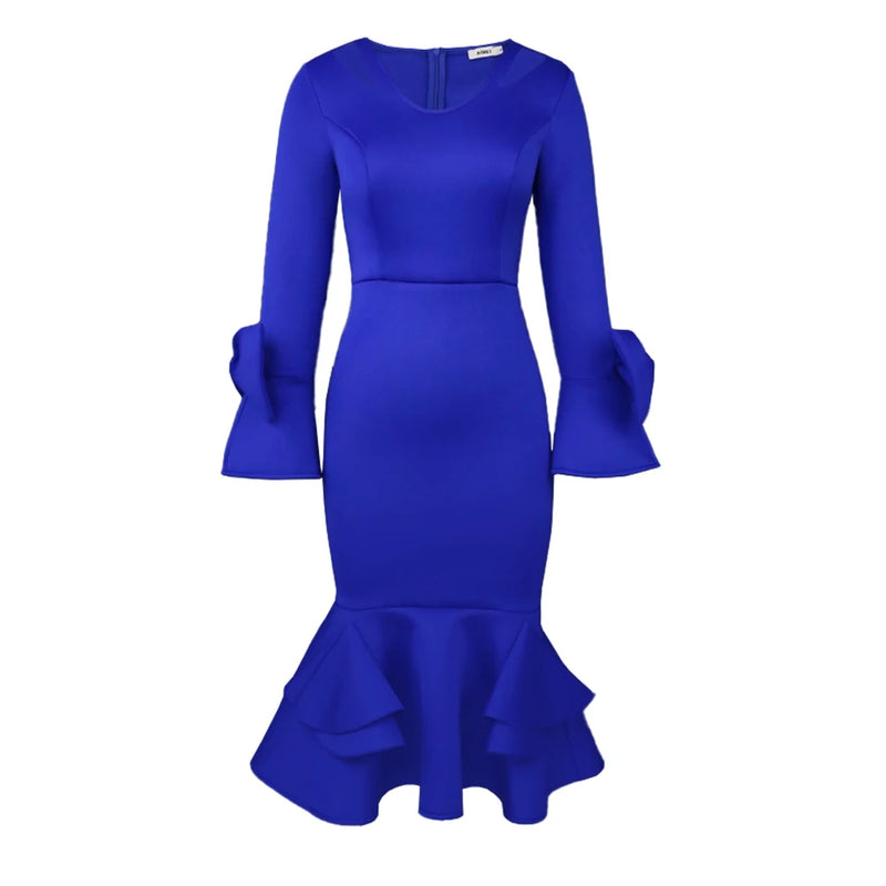 Aomei Elegant Bodycon Slim Party Dress V Neck Hollow Out Long Sleeve Bowtie African Female Wedding Guest Evening Occasion Gowns
