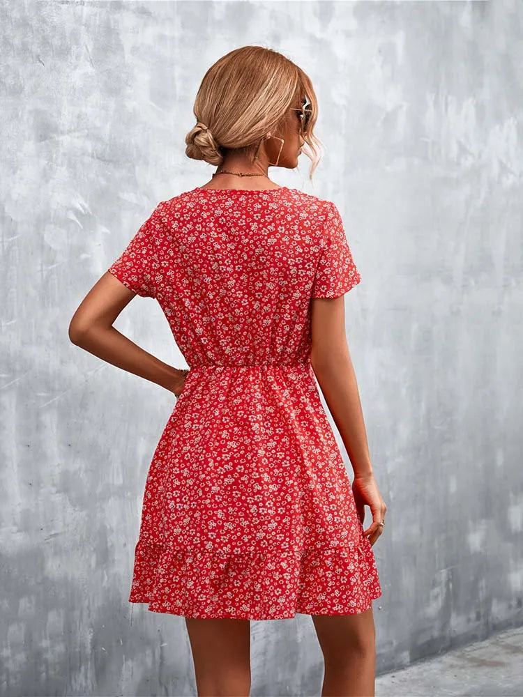 Summer Short Boho Dress Women V Neck Print Floral Party Dress Ladies Bohemian Flower Mini Dress For Women