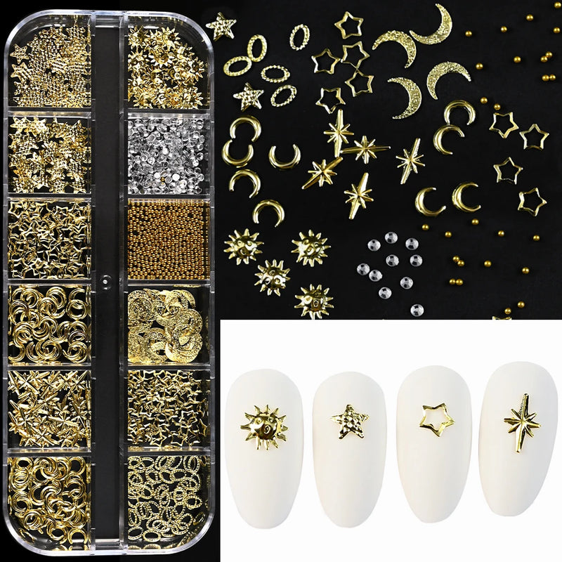 1000Pcs Gold Star Moon Glitter Nail Charms Metal Tips Slice Rivet DIY 3D FlatBack Nail Art Decorations Nails Jewelry Accessories