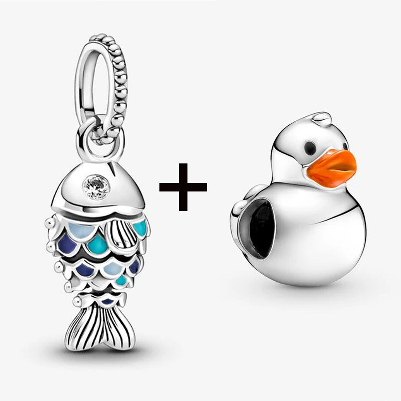 2Pcs/Lot Crystal Blue Scaled Fish Bead With Pendant Fit DIY Brand Charm Bracelet  For Women's Summer Jewelry To Making Gift