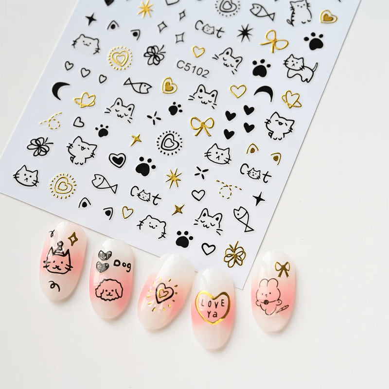 Laser Silver 3D Kawaii Cute Cat Nail Stickers Holographic Cartoon Puppy Dog Graffiti Design Sliders Decals Manicure Decoration