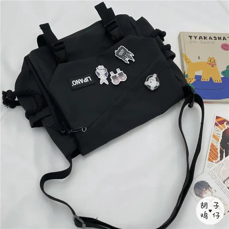 Kawaii Pins Decor Messenger Bag, Release Buckle Decor Flap Crossbody Bag, Large Capacity School Bag