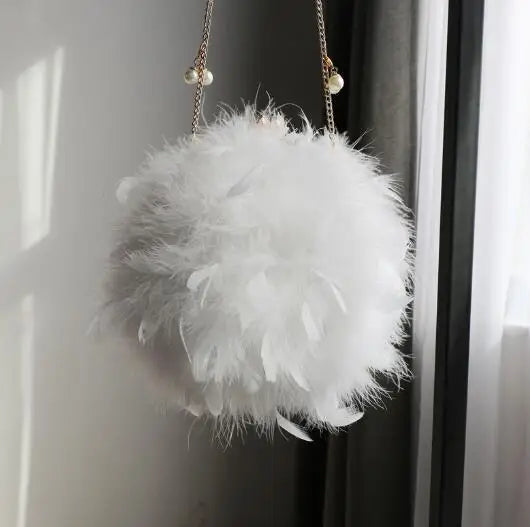 Luxury Women Ostrich Feather Evening Bags Female Party Wedding Dress Shoulder Clutch Fairy Pearl Chain Handbag Purses