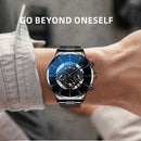 Luxury Hollow Out Men's Watches Fashion Business Calendar Blue Stainless Steel Mesh Belt Analog Quartz Watch Relogio Masculino
