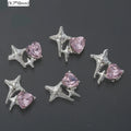 10Pcs Pink Metal Gem Zircon Nail Art Charm 3D Luxurious Heart Ribbon Cross Starlight Nail Decoration DIY Zircon Nail Accessories