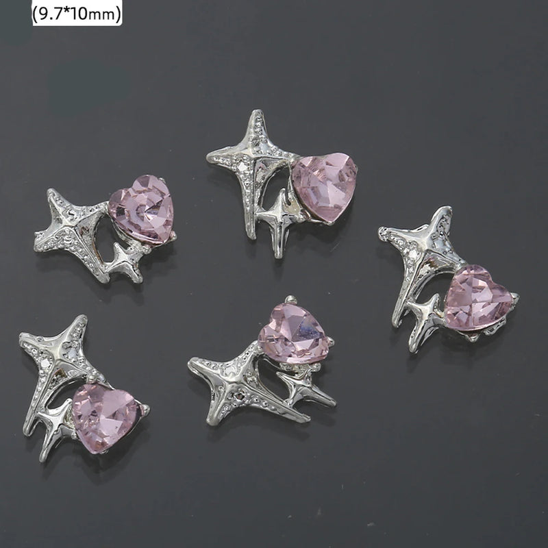 10Pcs Pink Metal Gem Zircon Nail Art Charm 3D Luxurious Heart Ribbon Cross Starlight Nail Decoration DIY Zircon Nail Accessories