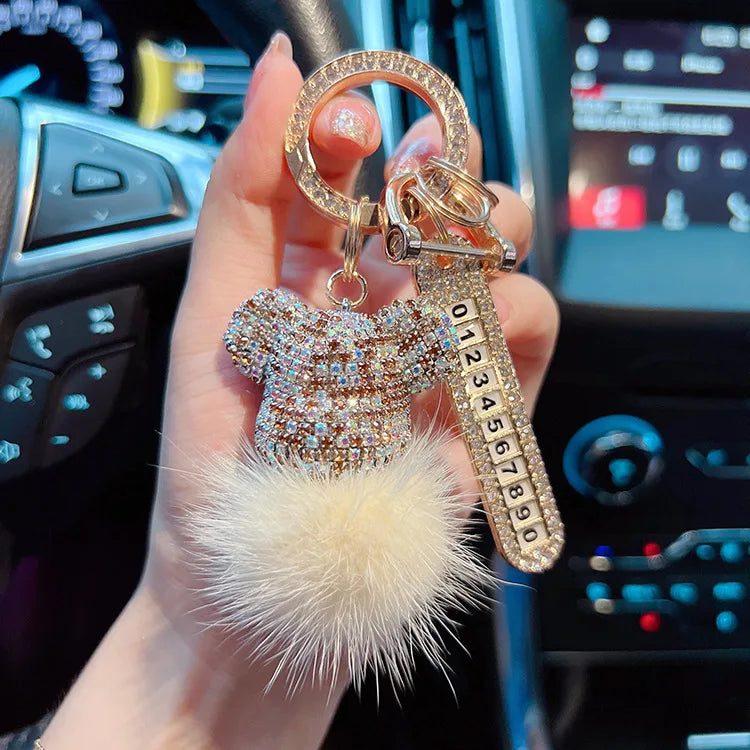 Luxury Handmade Craft Bear Keychain Mink Hair Anti-lost Number Plate Rhinestones Key Chain Lady Charm Bag Car Key Chain Gift