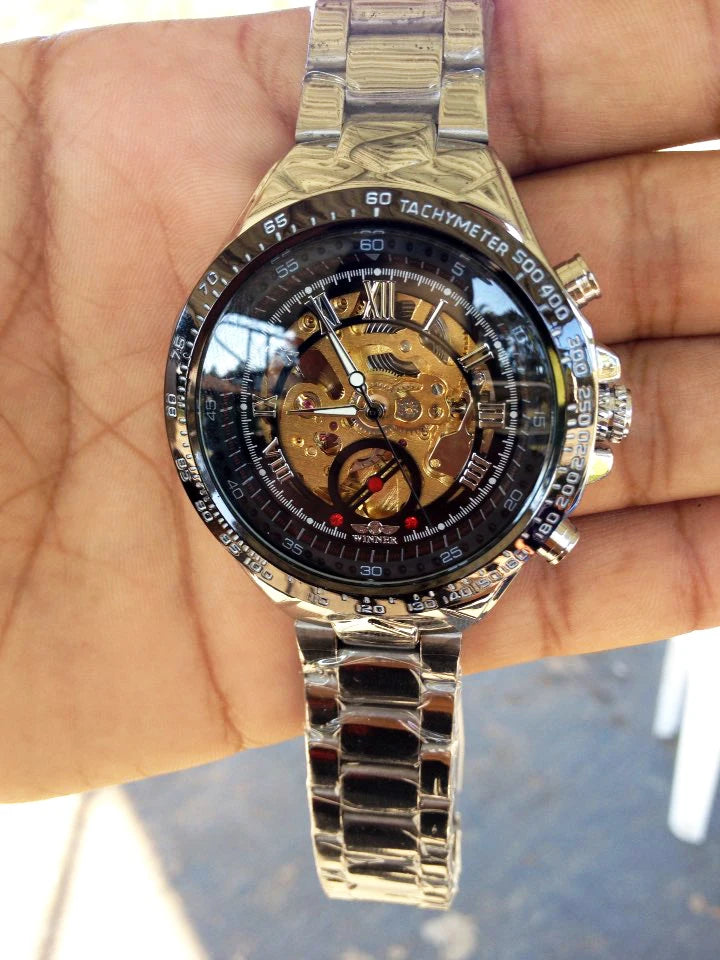 Winner Classic Series Golden Movement Steel Mens Skeleton Man Wrist Watch Mechanical Top Brand Luxury Fashion Automatic Watches