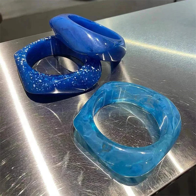 Hyperbole Blue Acrylic Resin Irregular Geometry Square Large Cuff Bracelet Charm Wide Thick Bangle For Women Summer Jewelry Gift