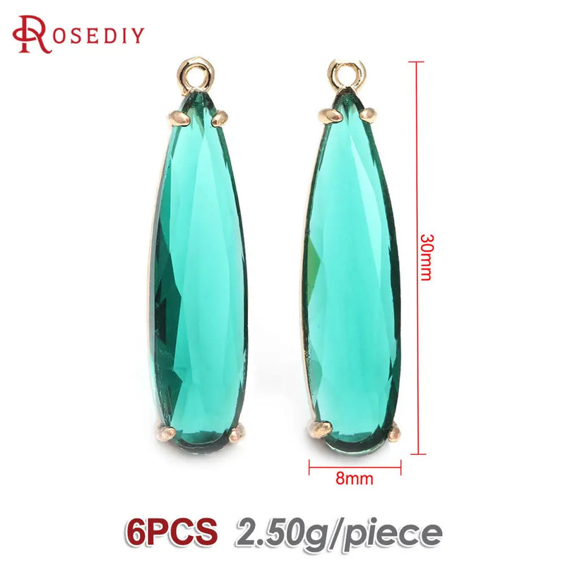6PCS 8x30MM High Quality Champagne Gold Color Brass and Glass Long Drop Shape Charms Pendants Jewelry Making Diy Accessories