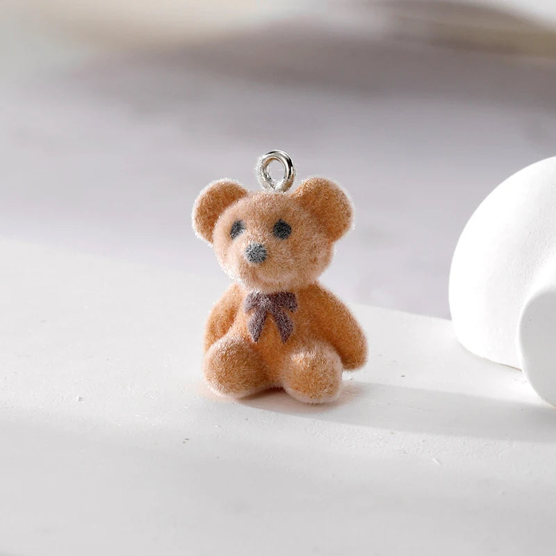 6pcs 3D Big Small Flocked Bear Resin Charms Cute Aniaml Doll Bear Pendant For Earring Keychains Diy Jewelry Make