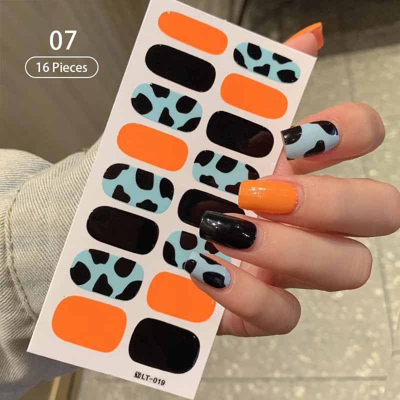 New 16 Strips Autumn Nail Stickers Full Cover Nail Patch Leopard Print 3D Nail Stickers Nail Polish Strips DIY Nail Art Making