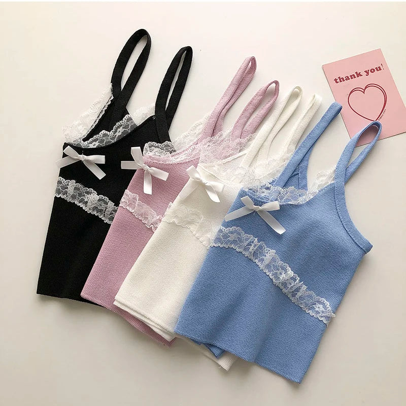HELIAR Women Lace Bowknot Tops Female Plain Straps Tank Tops Streetwear Camisole Cute Crop Tops For Women 2023 Summer