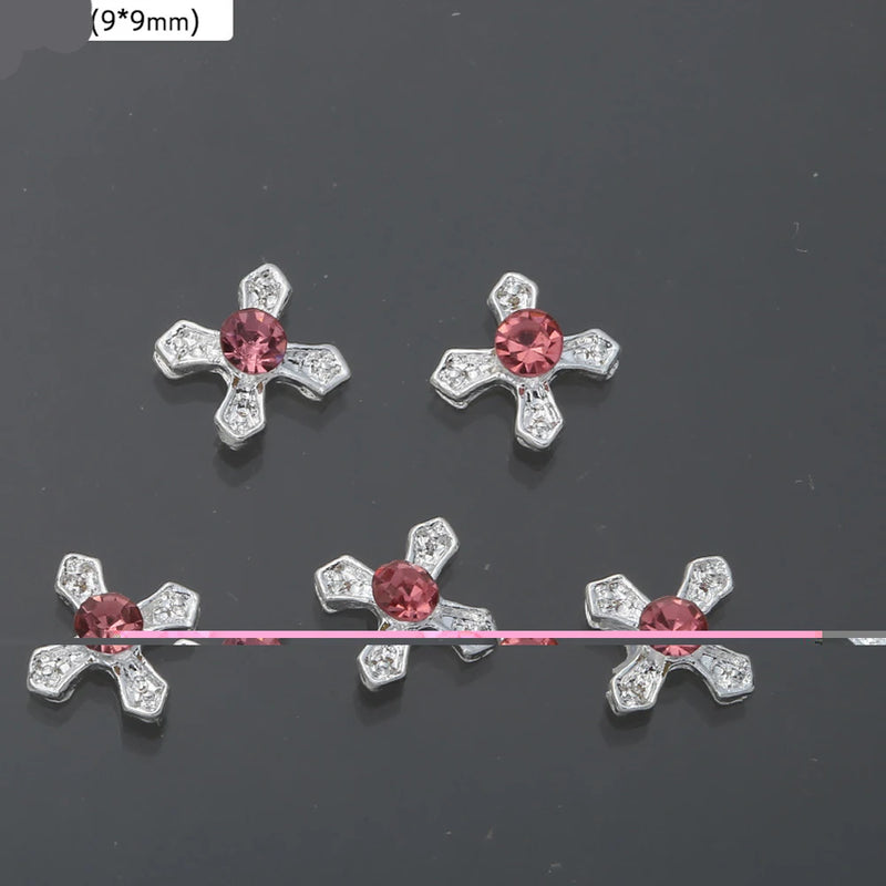 10Pcs Pink Metal Gem Zircon Nail Art Charm 3D Luxurious Heart Ribbon Cross Starlight Nail Decoration DIY Zircon Nail Accessories