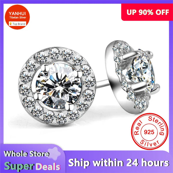 YANHUI With Credentials Original 925 Silver Needle Round Cubic Zircon Stud Earrings Allergy Free Jewelry For Women Girl Gift