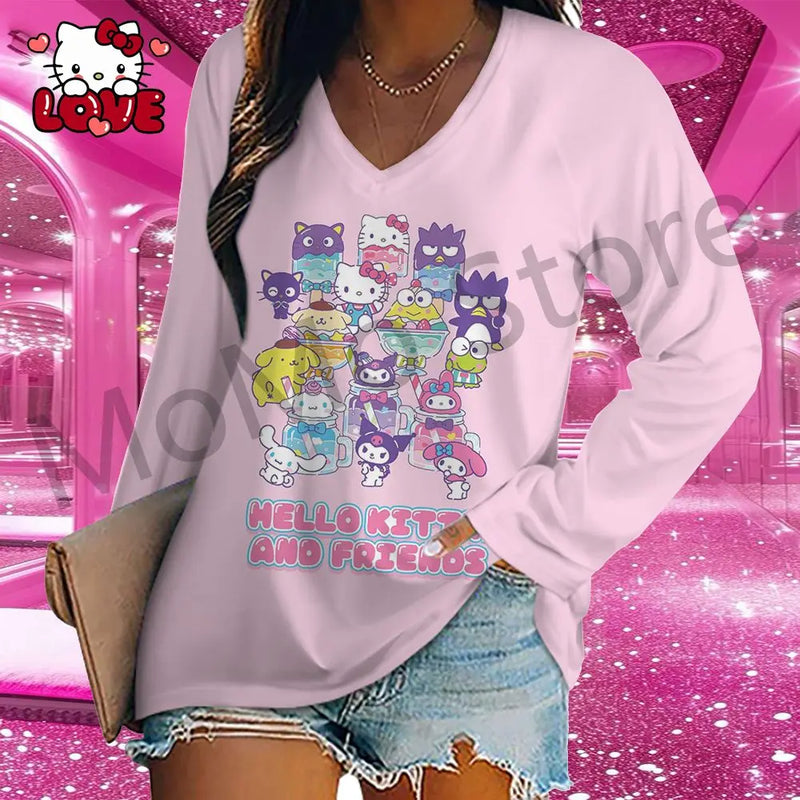Hello Kitty Women's Long Sleeve T-shirts V Neck Kawaii Clothes 2024 3D Print New Lovely S-3XL Y2k Fashion High Quality Leisure