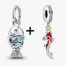 2Pcs/Lot Crystal Blue Scaled Fish Bead With Pendant Fit DIY Brand Charm Bracelet  For Women's Summer Jewelry To Making Gift