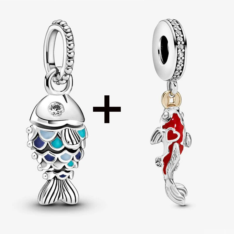 2Pcs/Lot Crystal Blue Scaled Fish Bead With Pendant Fit DIY Brand Charm Bracelet  For Women's Summer Jewelry To Making Gift