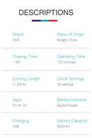 Recortadora de pelo VGR para hombre, ajustable, recargable, profesional, eléctrica, inalámbrica, V-080