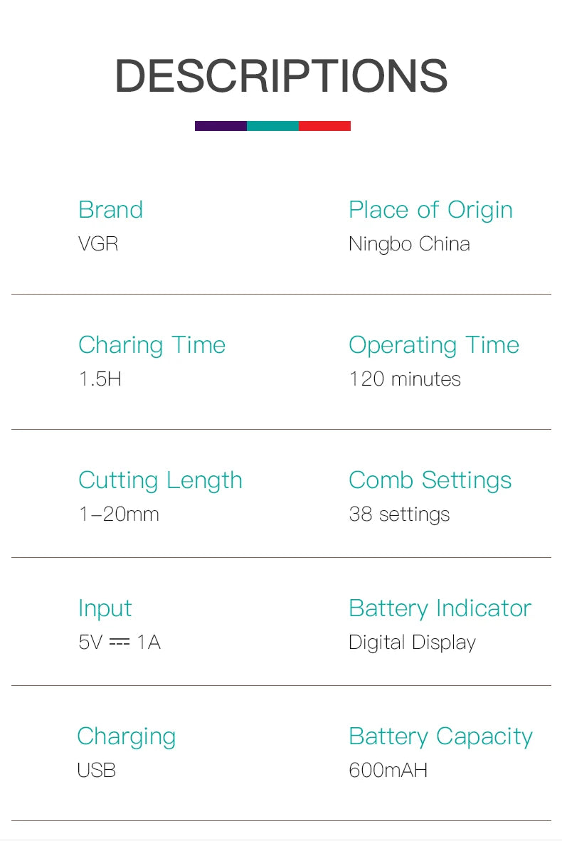 Recortadora de pelo VGR para hombre, ajustable, recargable, profesional, eléctrica, inalámbrica, V-080