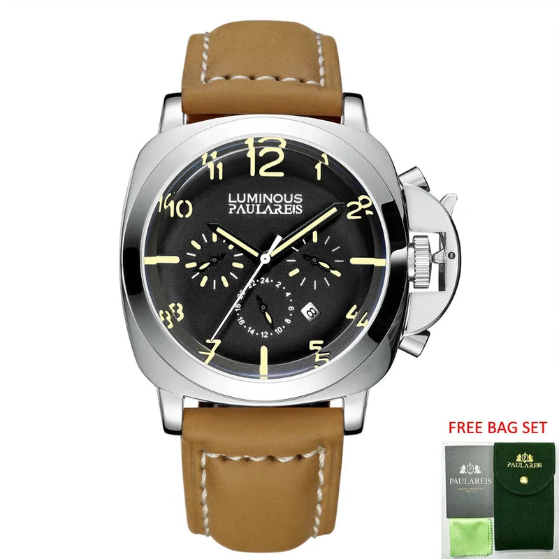 Automatic Watches for Men Mechanical Movement Genuine Brown Leather Multifunction Yellow Green Rose Gold Reloj Hombre Baratos