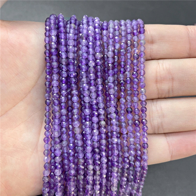 Purple Gem Beads Small Round Faceted Crystal Stone Beads Amethysts Crystal Mica Loose Beads For Jewelry Making DIY Necklace 15"