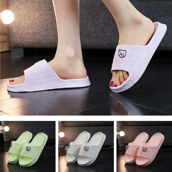New EVA Women's Slippers Cute Bear Decoration Soft Bathroom Slippers Lithe Thin Non-slip Flat Slippers Home Use