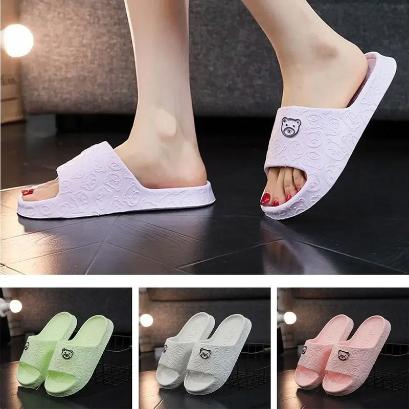 New EVA Women's Slippers Cute Bear Decoration Soft Bathroom Slippers Lithe Thin Non-slip Flat Slippers Home Use
